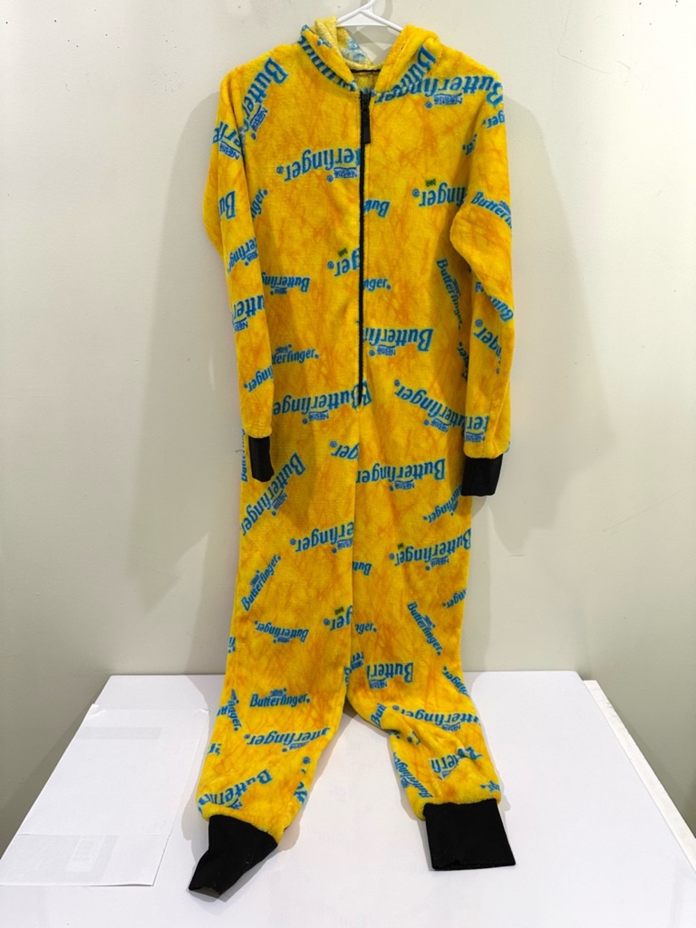 Rare Butterfinger One Piece Pajamas Adult Yellow Hood Zip Fleece- Medium Large